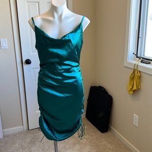 Sleeveless Teal Satin Cowl Neck Dress